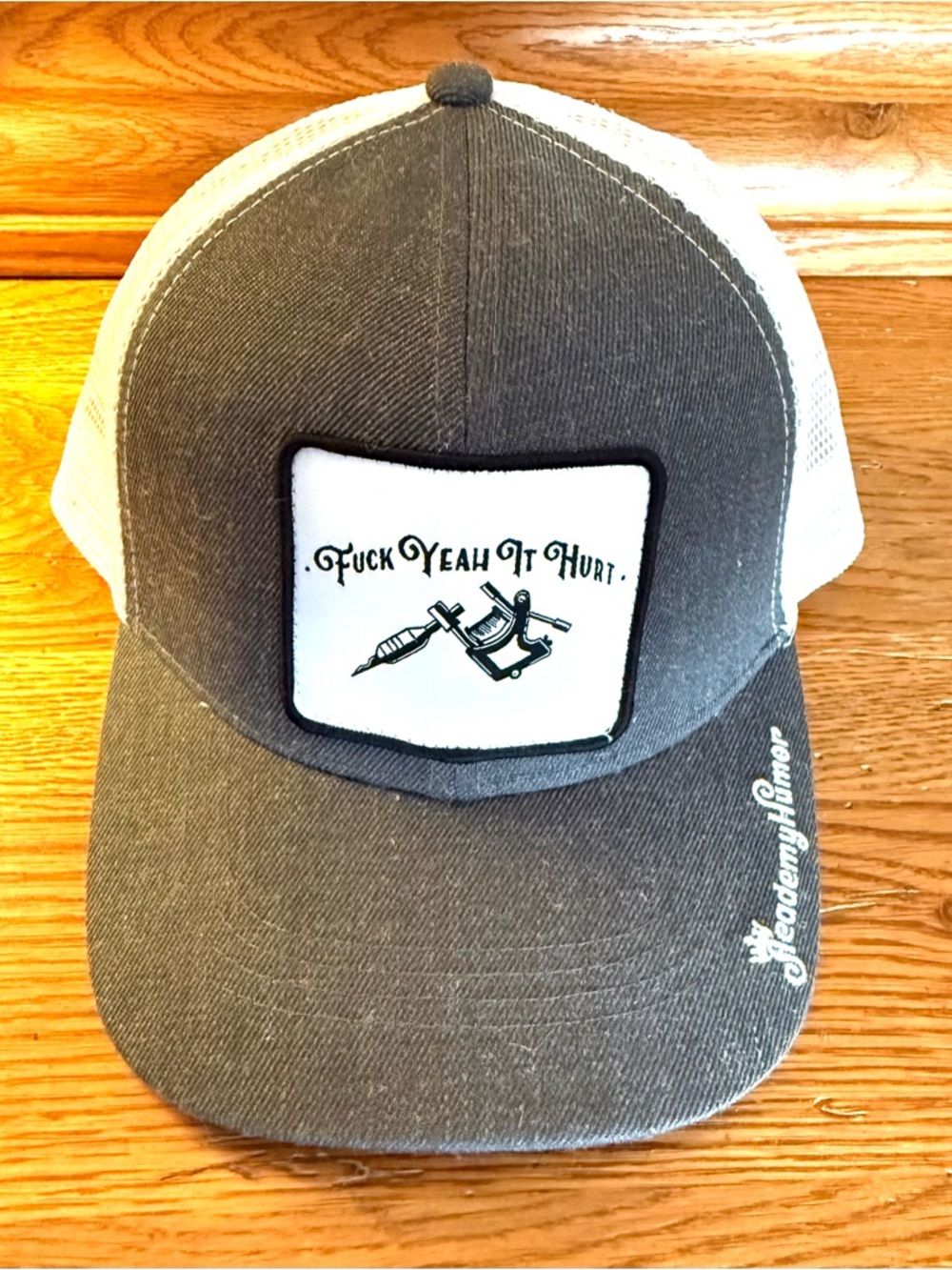 Gray & White Trucker Hat with Tattoo Shop Patch
